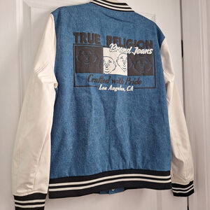 NWT True Religion Mens SMALL S Quad Buddha Denim Varsity Jacket White Sleeves